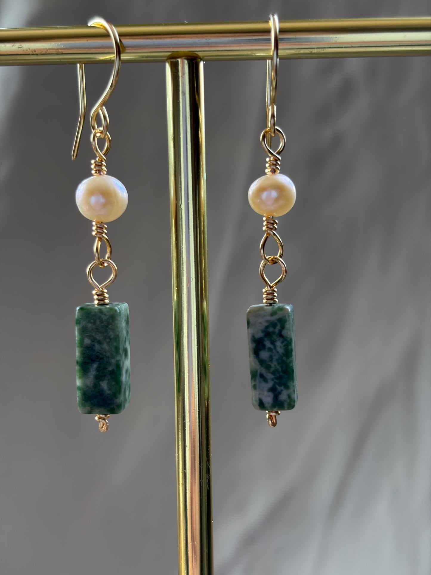 Moss Agate Pearl Dangles