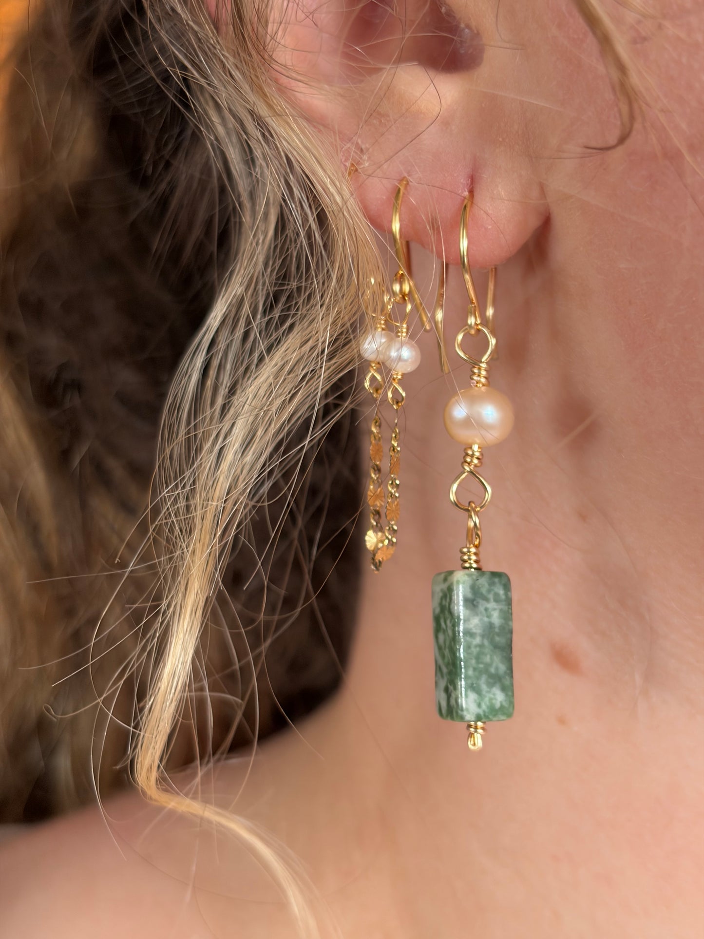Moss Agate Pearl Dangles