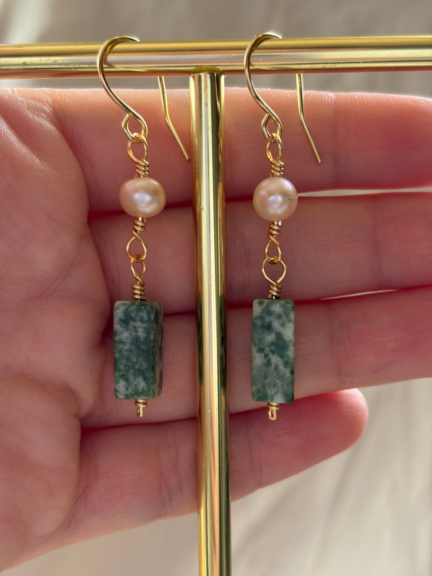 Moss Agate Pearl Dangles